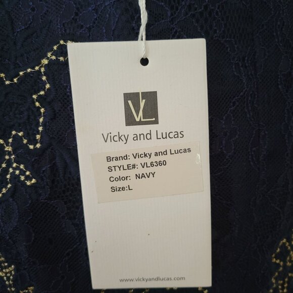 Vicky And Lucas Navy Blue Lace Dress  Embroidery Long Sleeves Size L NWT - Picture 8 of 8